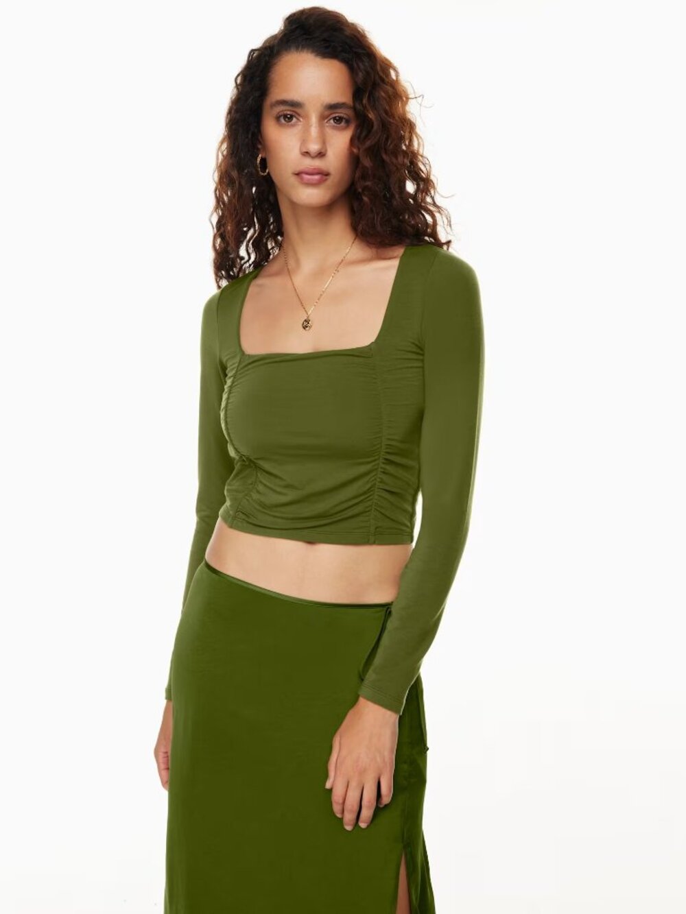 WILFRED Aritzia M Grotto Green Lydia Top Ruched Square Neck Scrunchie Long Slv